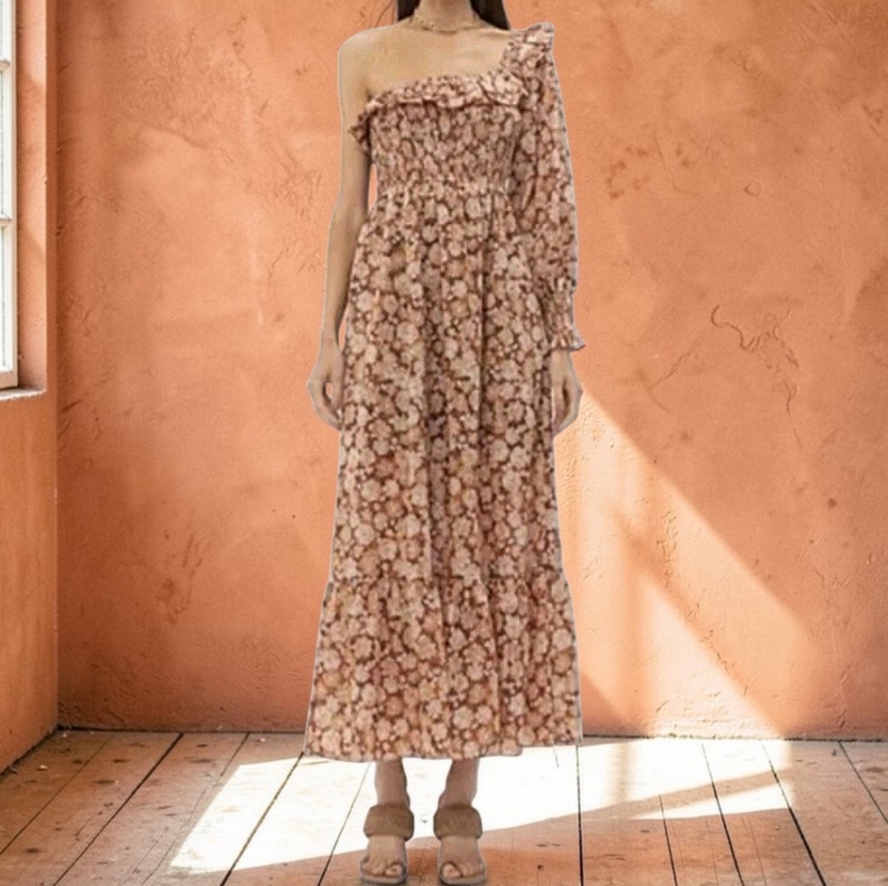 Sofie The Label Floral One-Shoulder Ruffled 100% Cotton Boho Maxi Dress